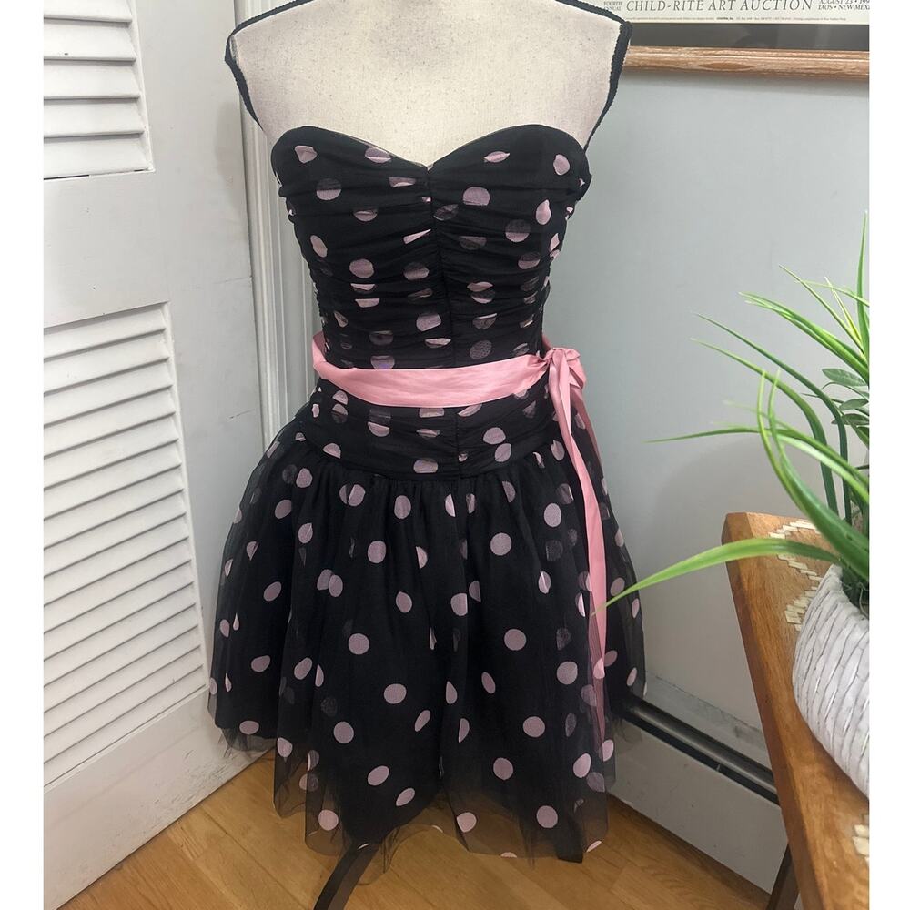 Vintage Gunne Sax Dress Womens 5/6 Black Pink Polka Dot Dainty Strapless Tulle